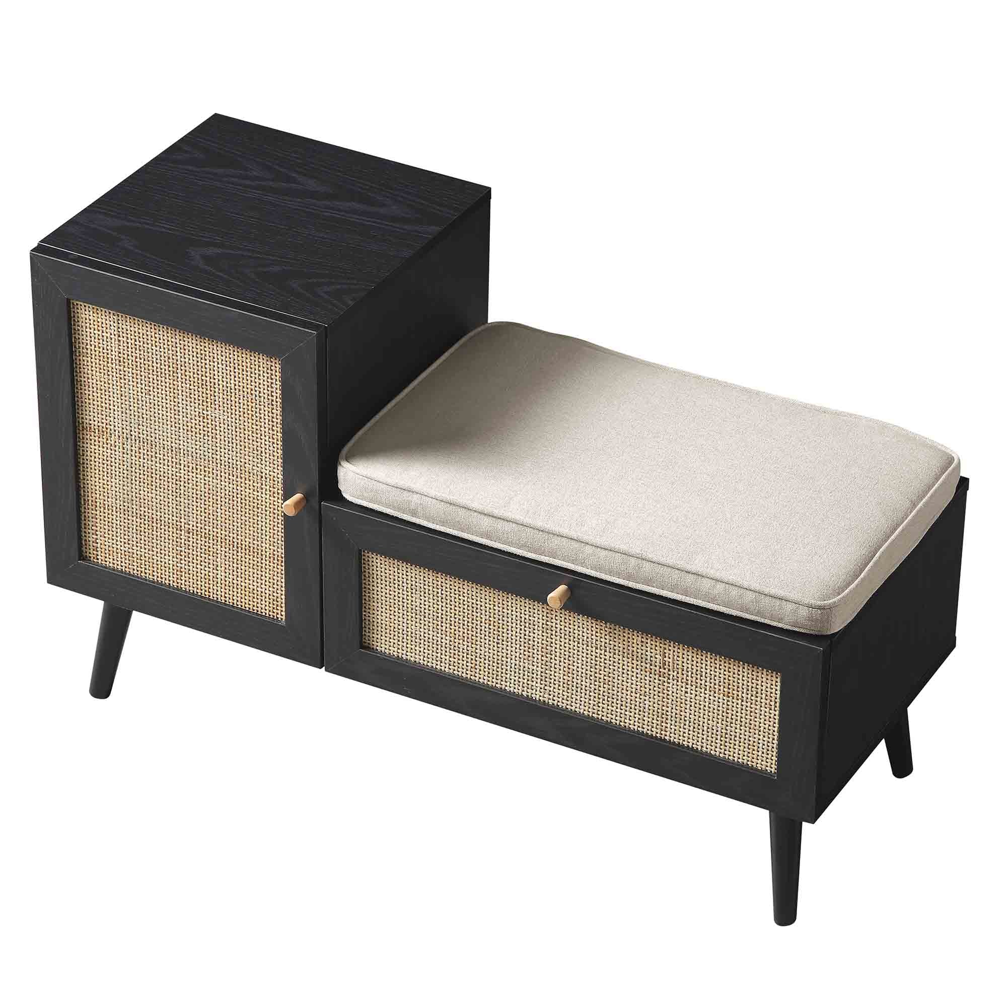 Frances Woven Rattan Storage Bench with Cushion, Black | daals.com