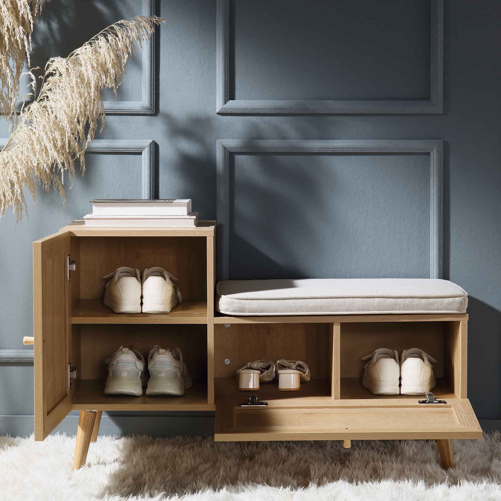 Frances Woven Rattan Storage Bench with Cushion, Natural | daals.com