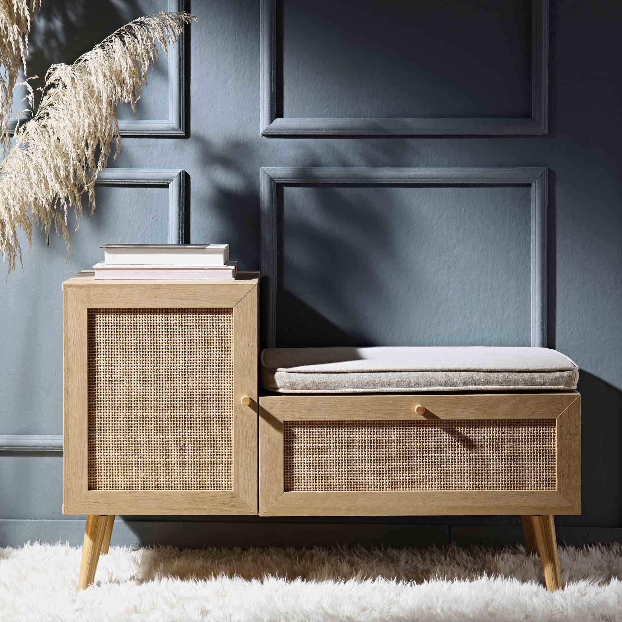 Frances Woven Rattan Storage Bench with Cushion, Natural | daals.com