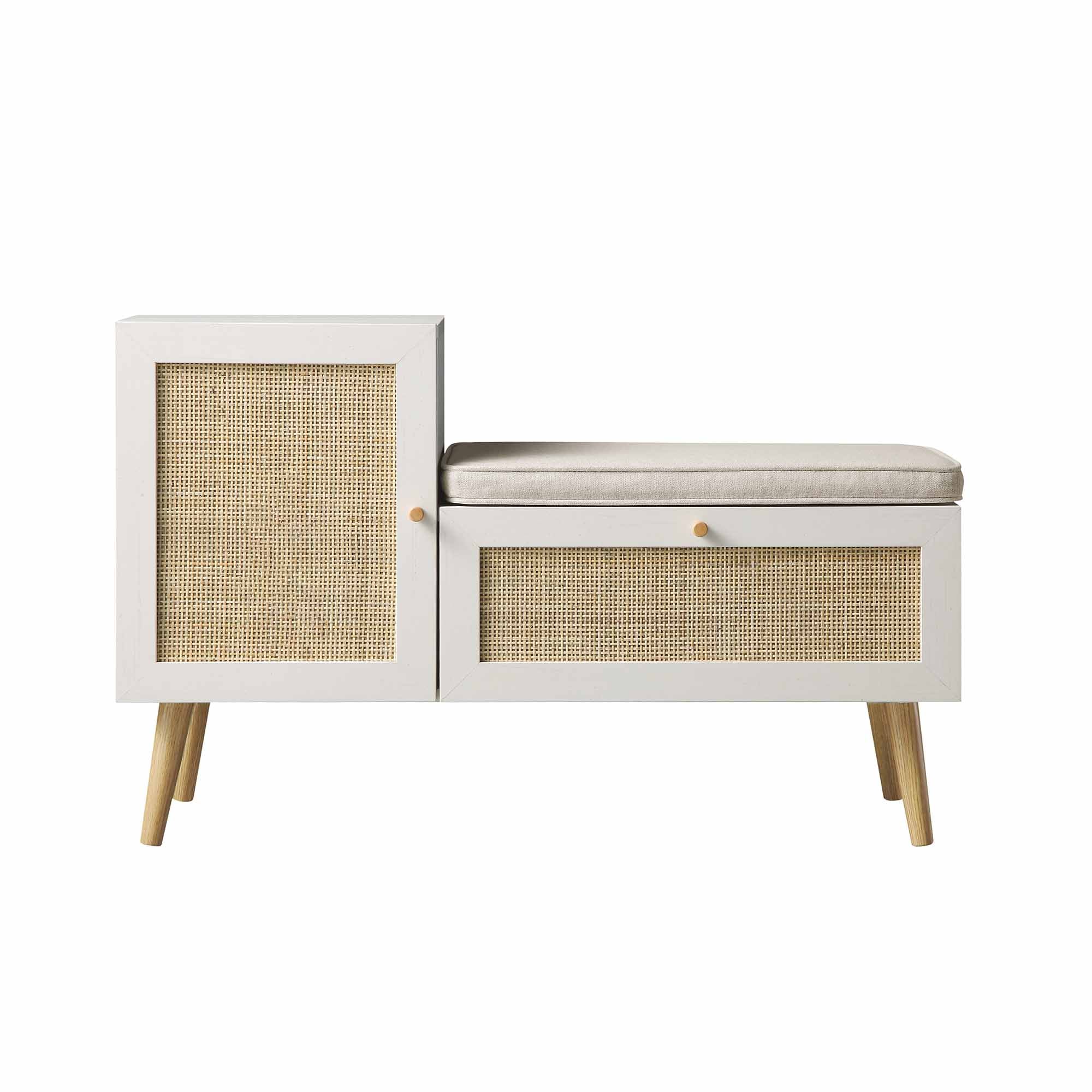 Frances Woven Rattan Storage Bench with Cushion, White | daals.com