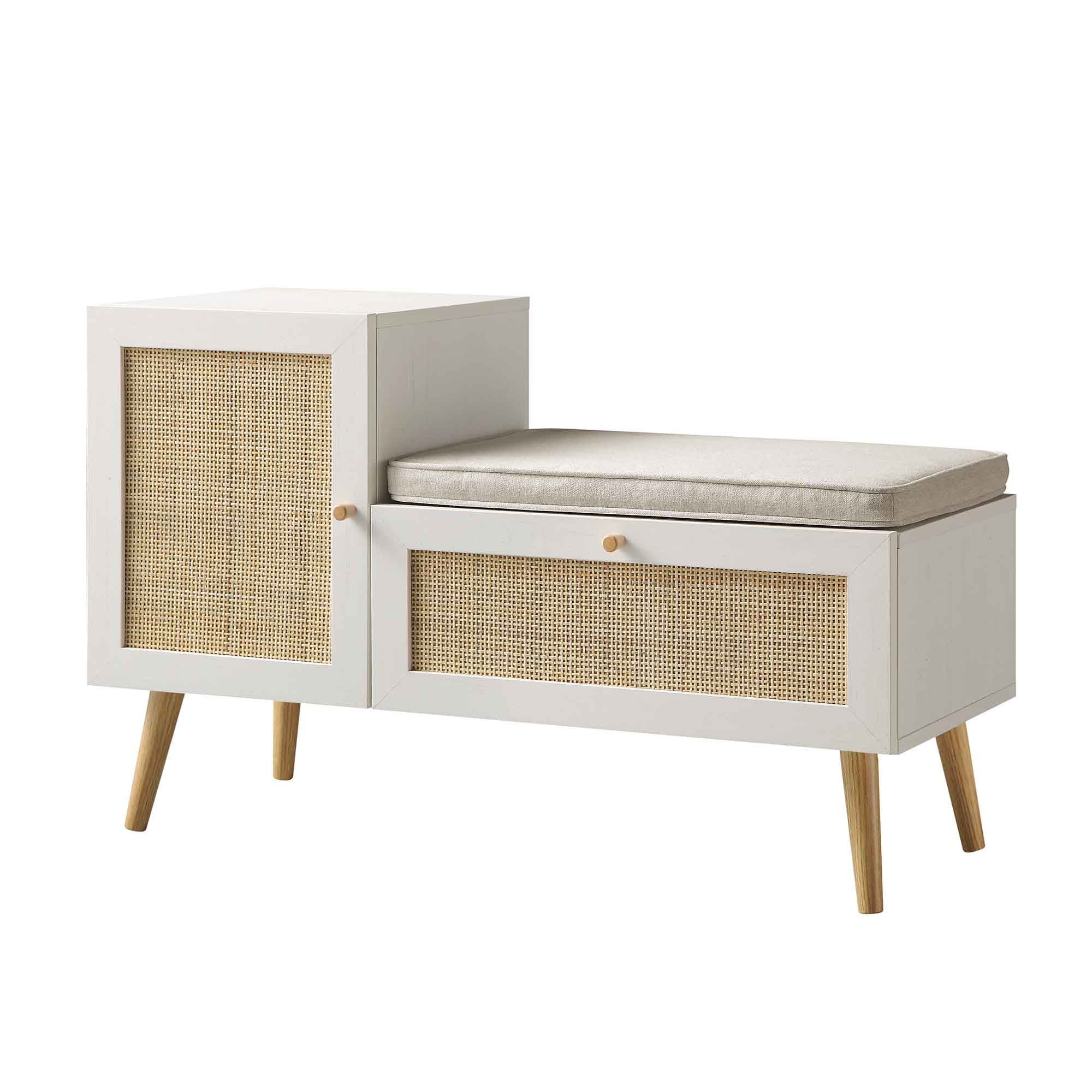 Frances Woven Rattan Storage Bench with Cushion, White | daals.com