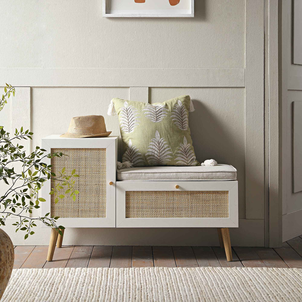Frances Woven Rattan Storage Bench with Cushion, White | daals.com
