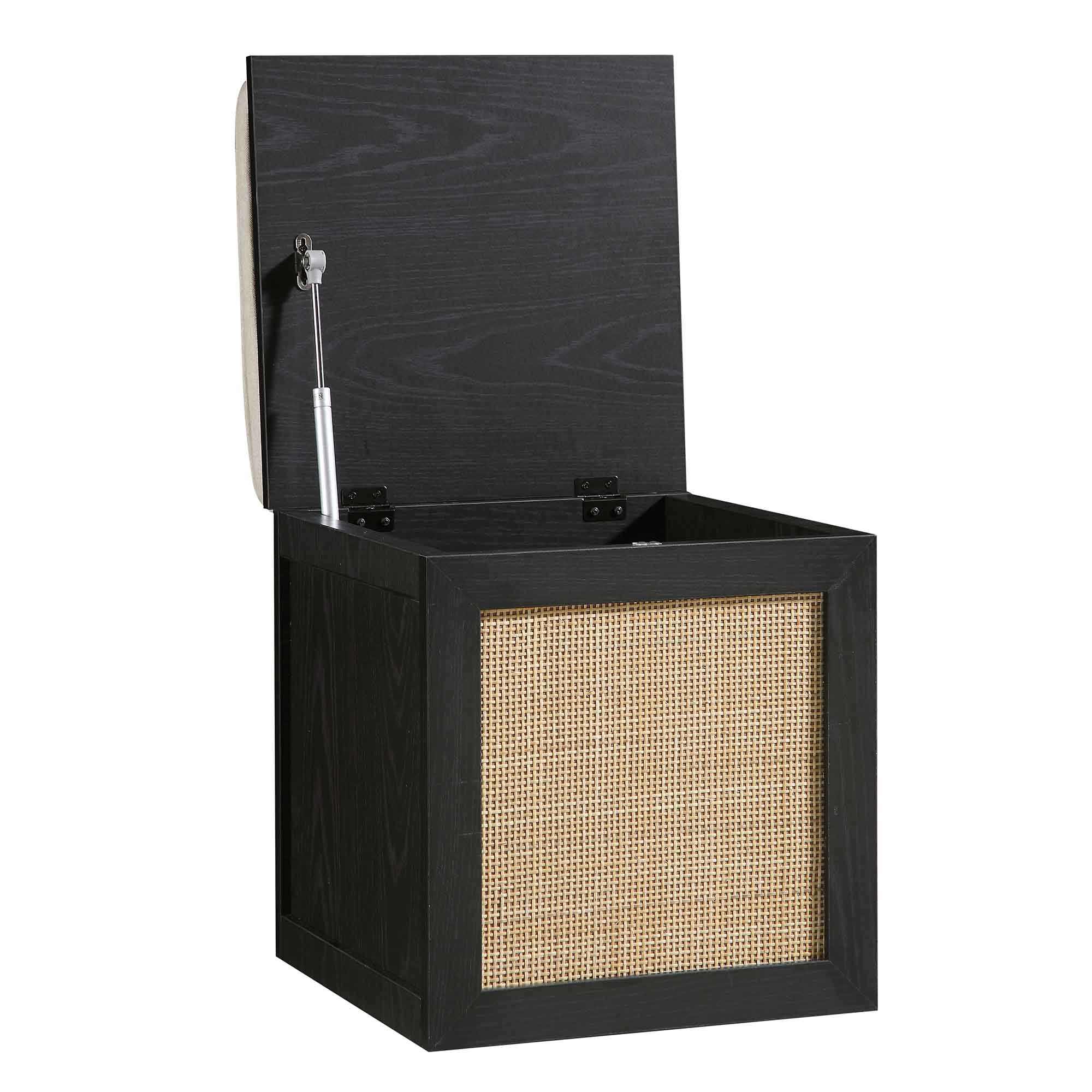 Storage Rattan Stools Frances Woven Rattan Single Storage Stool with Cushion, Black | daals.com