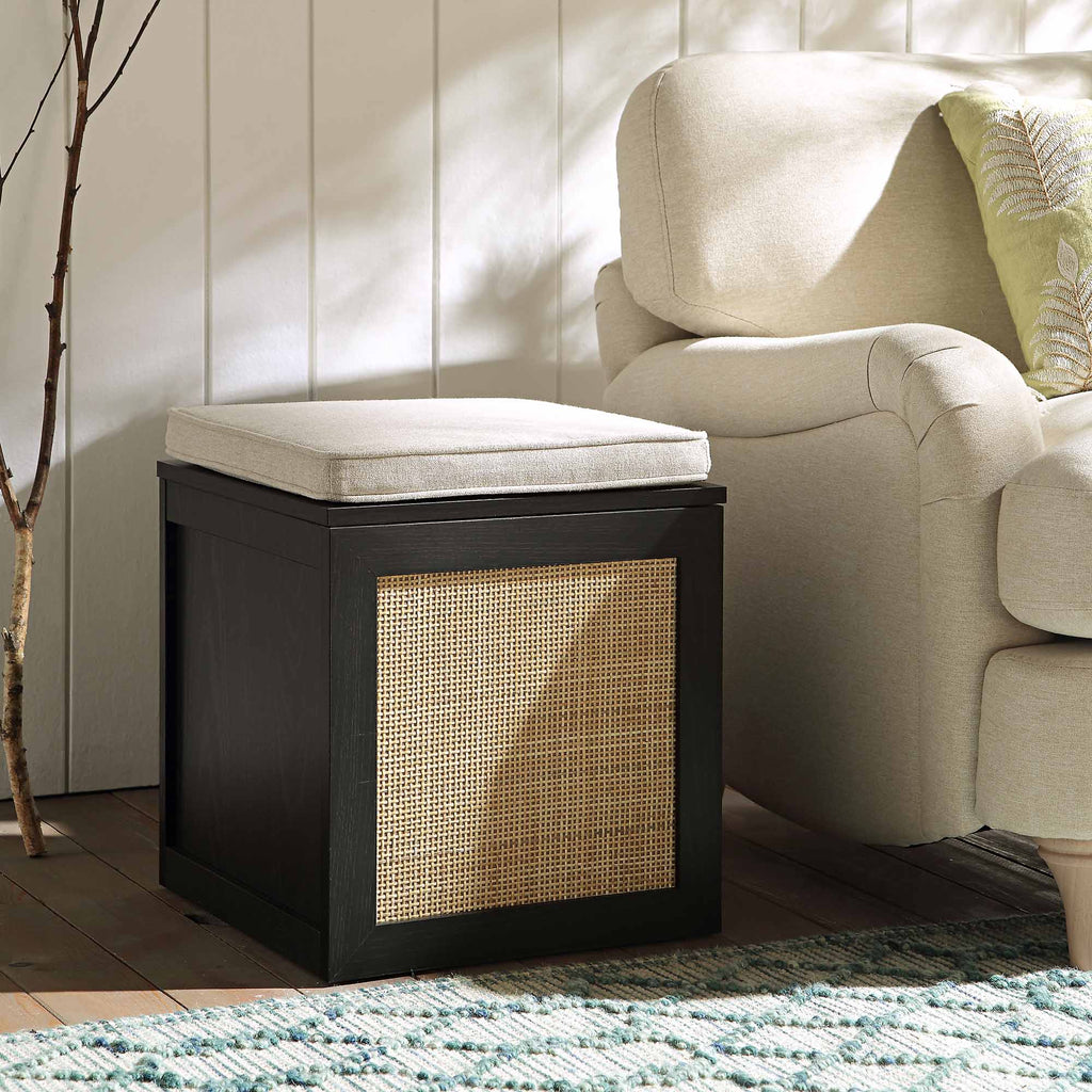 Frances Woven Rattan Single Storage Stool with Cushion, Black | daals.com
