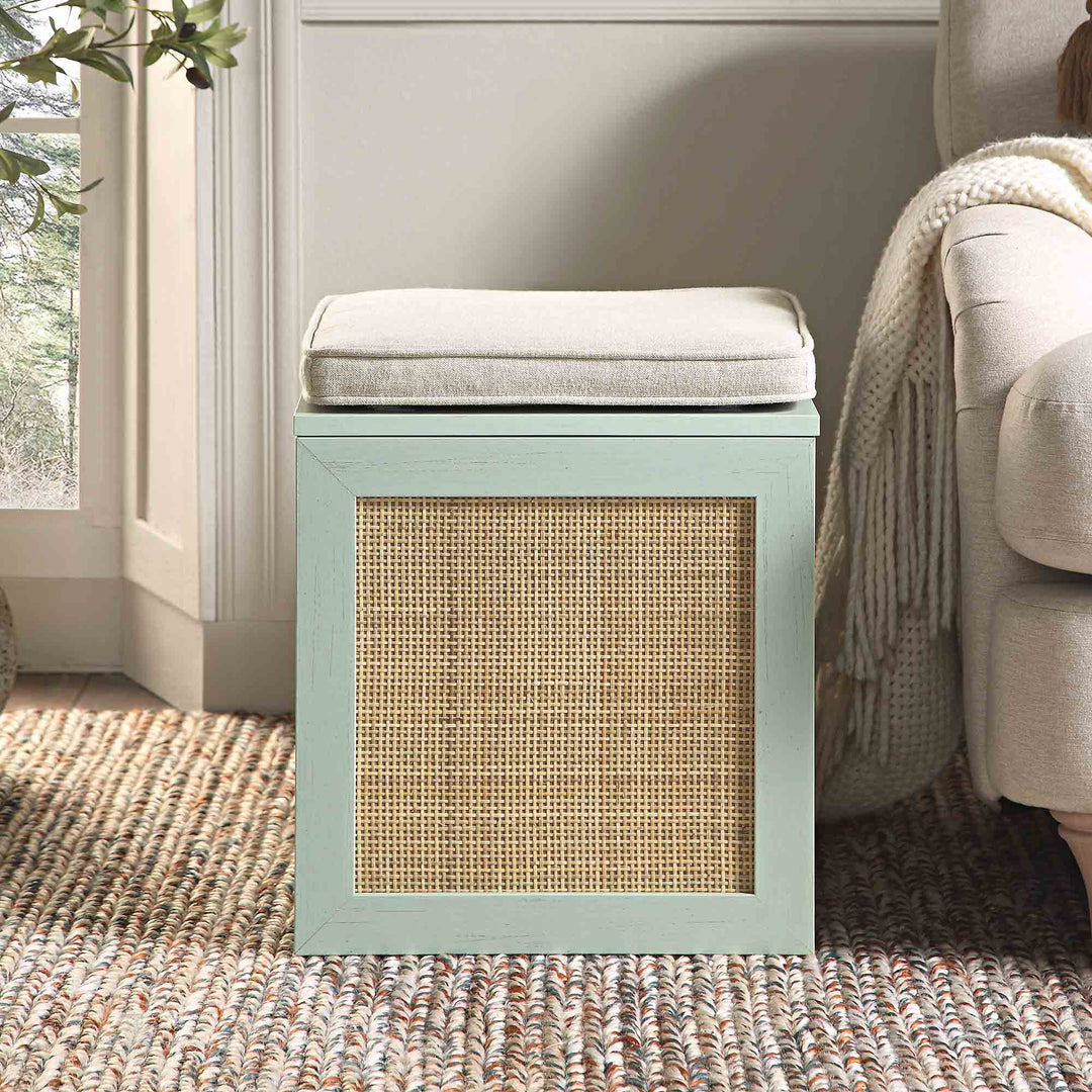 Frances Woven Rattan Single Storage Stool with Cushion, Mint | daals.com