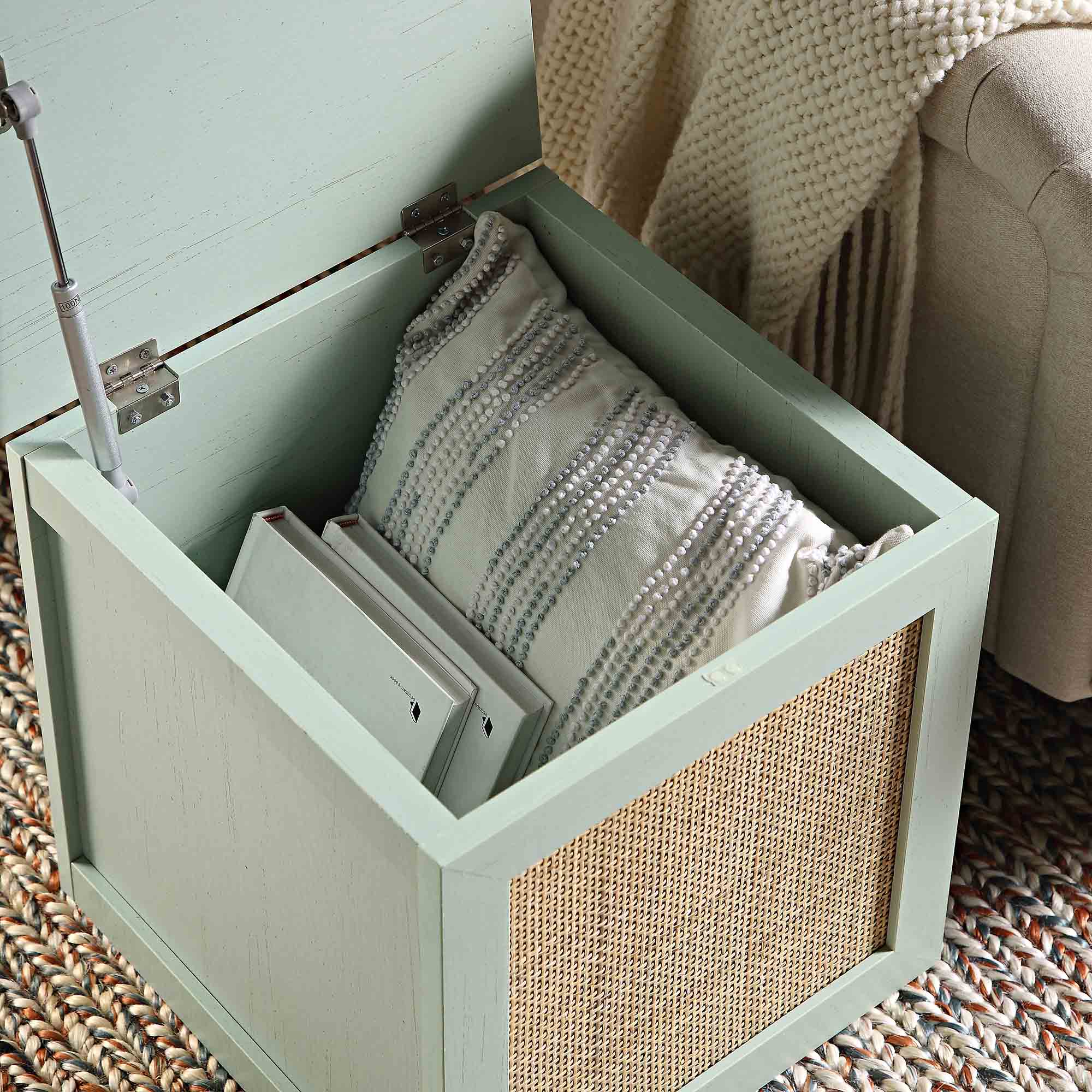 Storage Rattan Stools Frances Woven Rattan Single Storage Stool with Cushion, Mint | daals.com