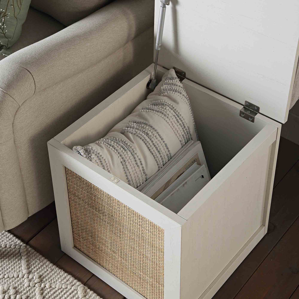 Frances Woven Rattan Single Storage Stool with Cushion, White | daals.com