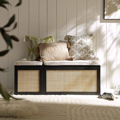 Frances Woven Rattan Triple Storage Stool Set with Cushion, Black