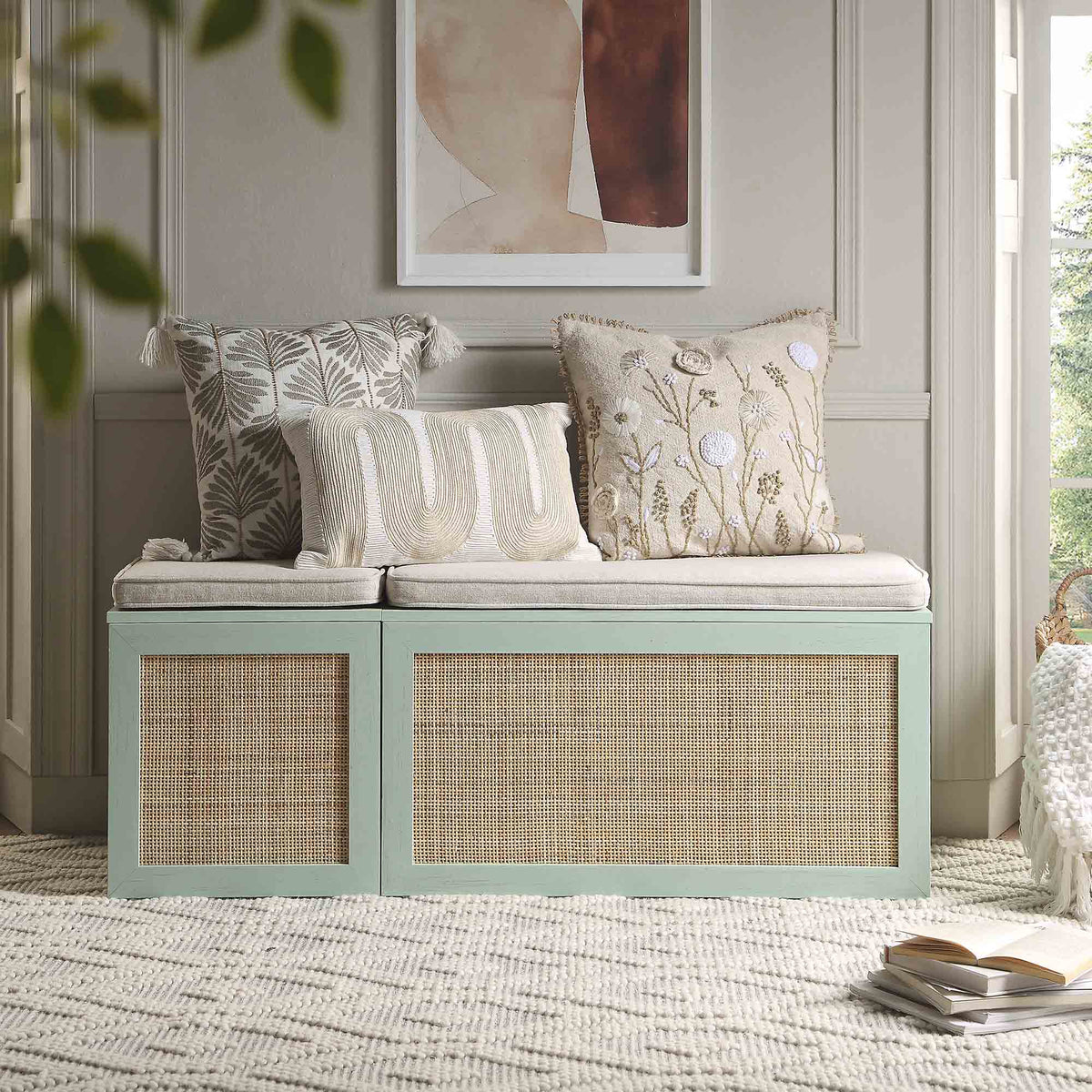Stool Collection Set Frances Woven Rattan Triple Storage Stool Set with Cushion, Mint ...