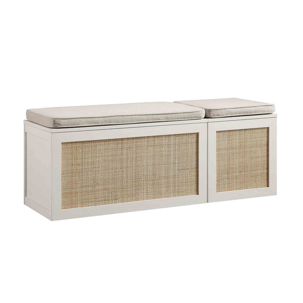 Frances Woven Rattan Triple Storage Stool Set with Cushion, White