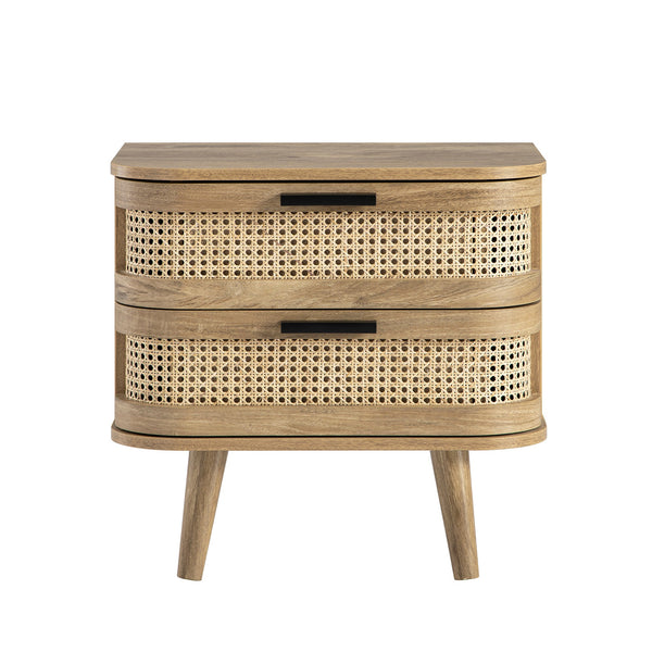 Izzy Curved Rattan 2-Drawer Nightstand, Natural