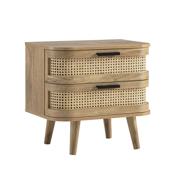 Izzy Curved Rattan 2-Drawer Nightstand, Natural