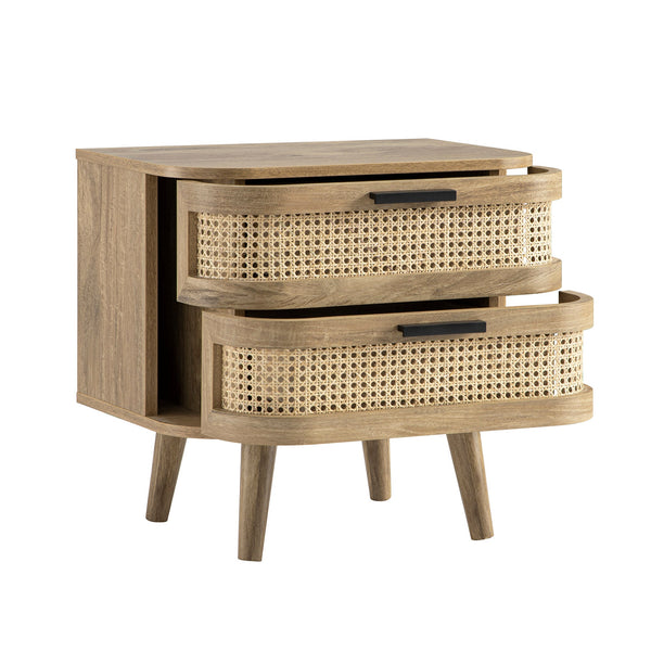 Izzy Curved Rattan 2-Drawer Nightstand, Natural