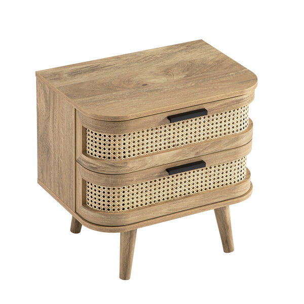 Izzy Curved Rattan 2-Drawer Nightstand, Natural