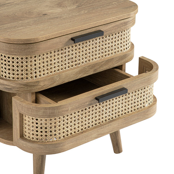 Izzy Curved Rattan 2-Drawer Nightstand, Natural