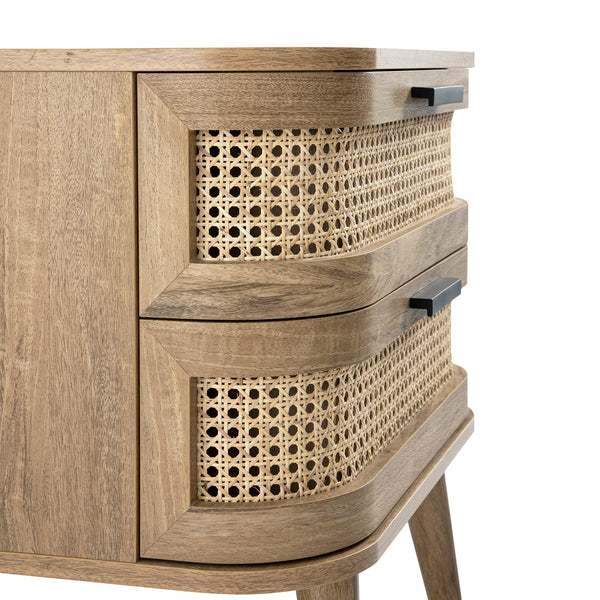 Izzy Curved Rattan 2-Drawer Nightstand, Natural