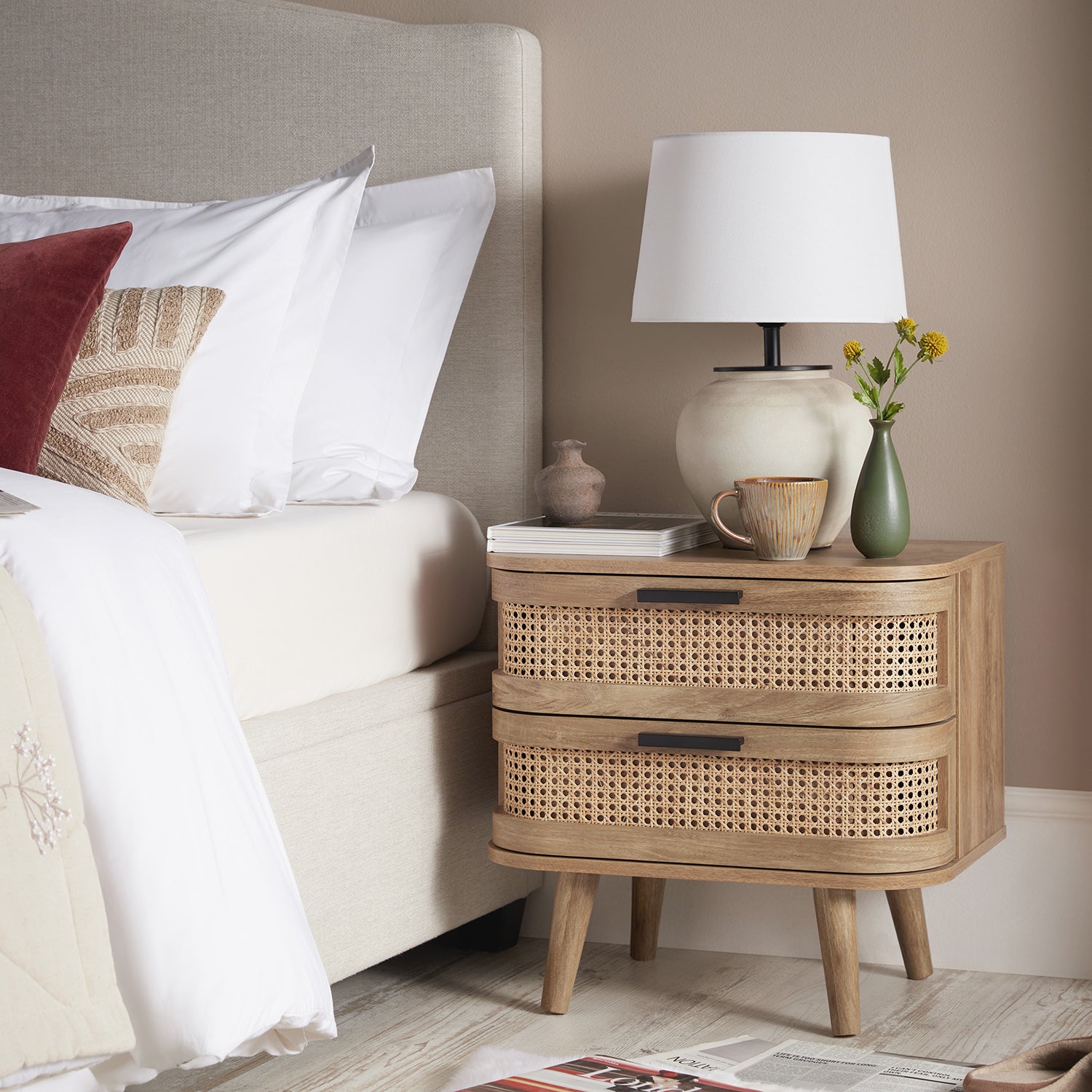 Izzy Curved Rattan 2-Drawer Nightstand, Natural