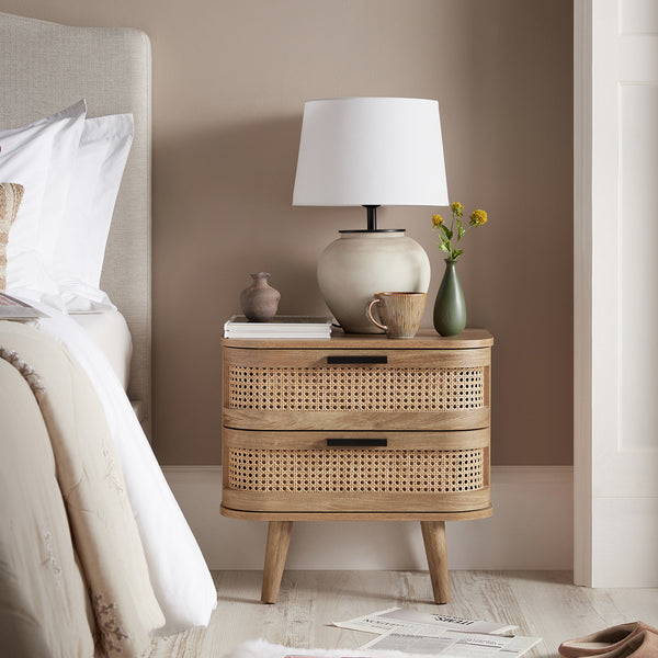 Izzy Curved Rattan 2-Drawer Nightstand, Natural