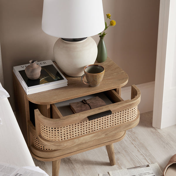 Izzy Curved Rattan 2-Drawer Nightstand, Natural