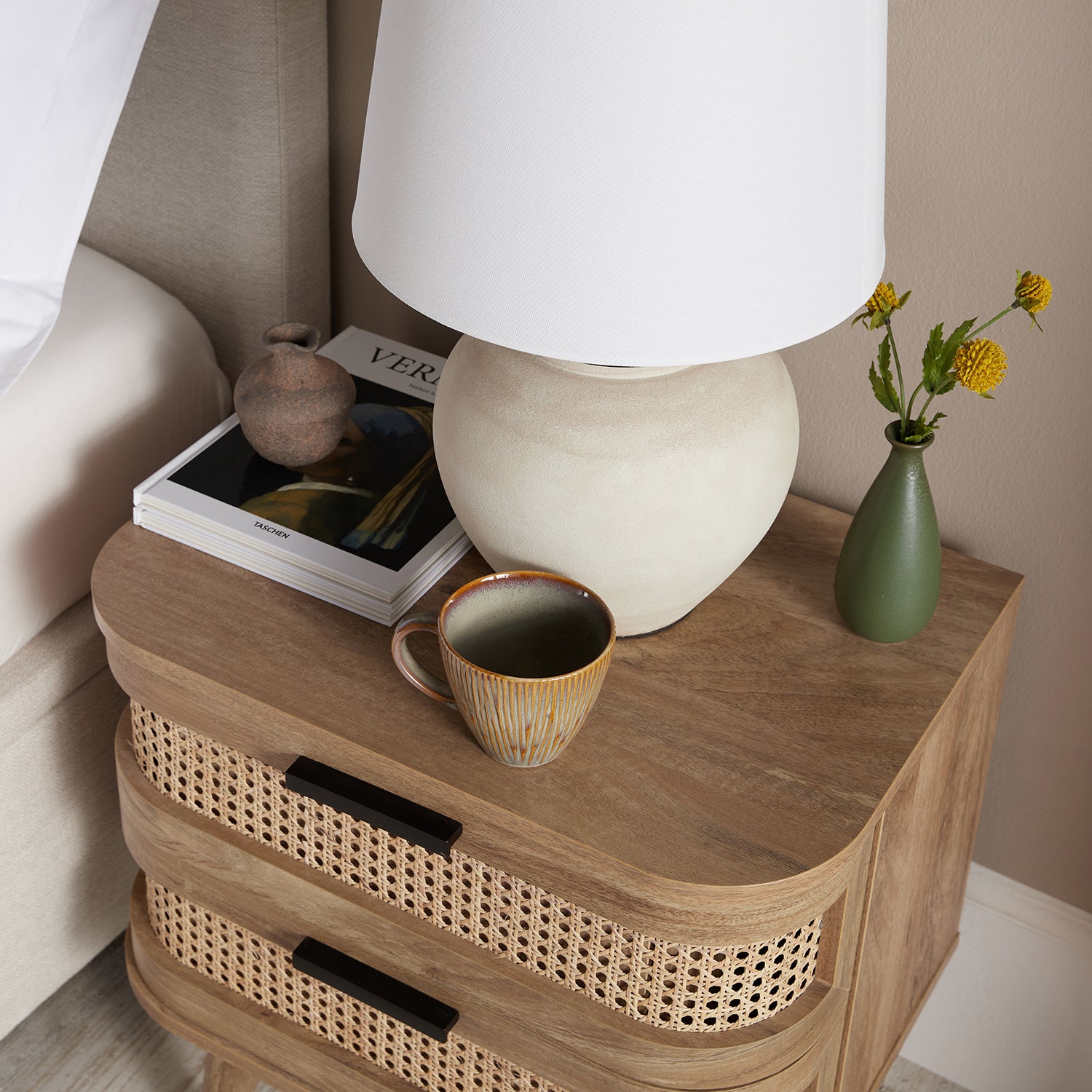 Izzy Curved Rattan 2-Drawer Nightstand, Natural