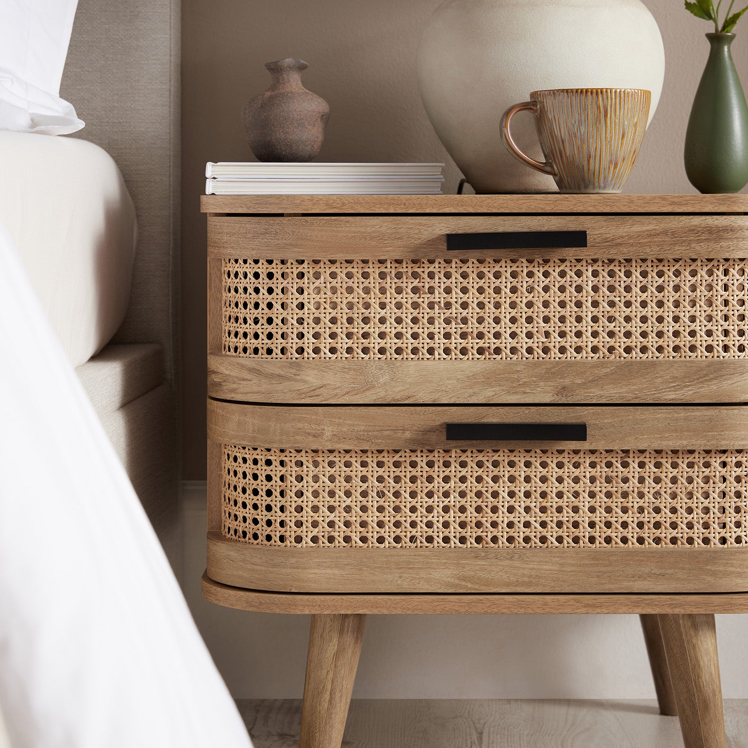 Izzy Curved Rattan 2-Drawer Nightstand, Natural