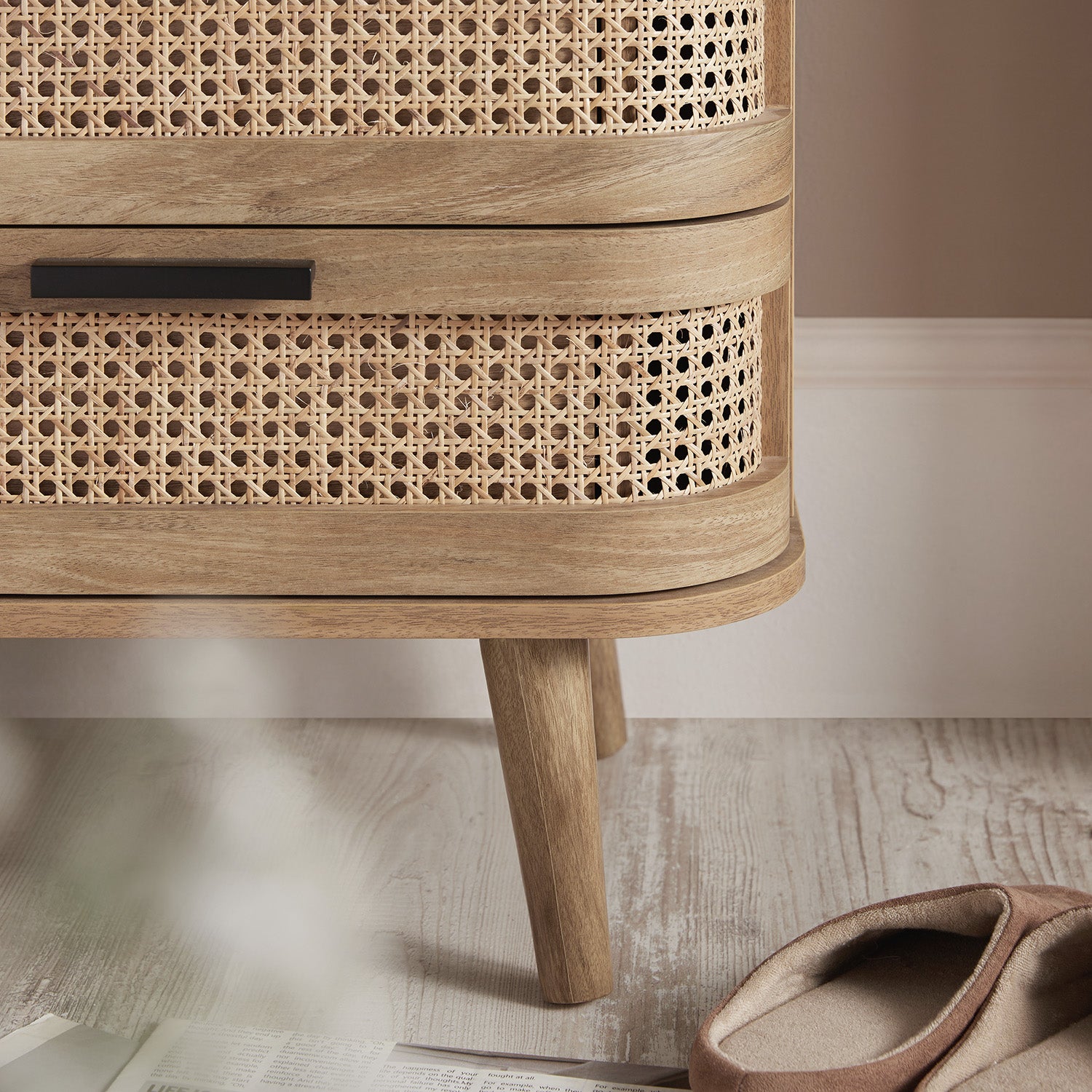 Izzy Curved Rattan 2-Drawer Nightstand, Natural