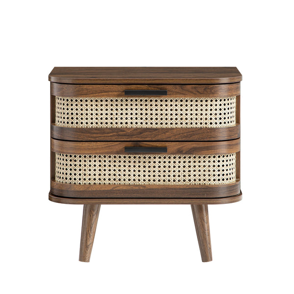Izzy Curved Rattan 2-Drawer Nightstand, Walnut