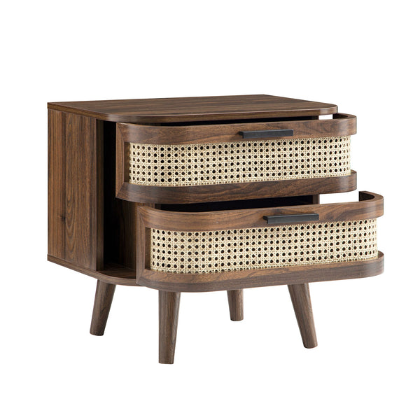 Izzy Curved Rattan 2-Drawer Nightstand, Walnut
