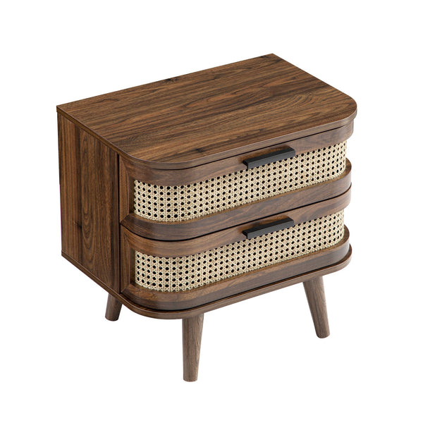 Izzy Curved Rattan 2-Drawer Nightstand, Walnut