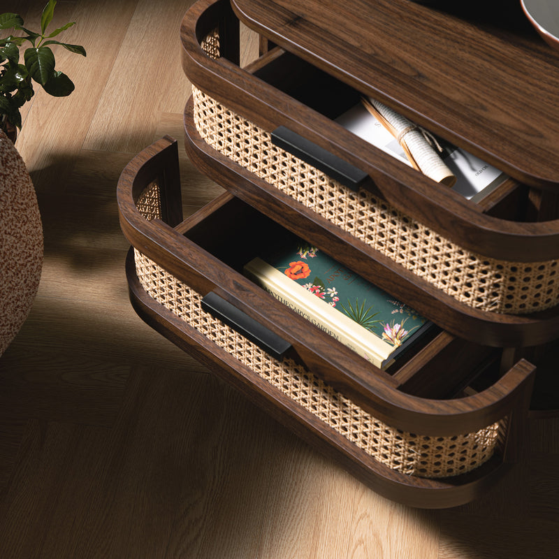 Izzy Curved Rattan 2-Drawer Nightstand, Walnut