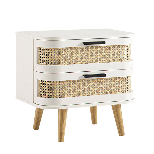 Izzy Curved Rattan 2-Drawer Nightstand, White