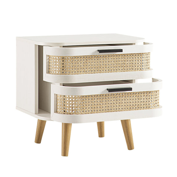 Izzy Curved Rattan 2-Drawer Nightstand, White