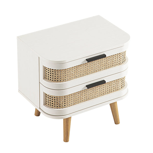 Izzy Curved Rattan 2-Drawer Nightstand, White