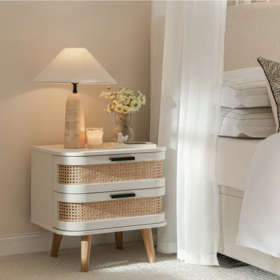 Izzy Curved Rattan 2-Drawer Nightstand, White