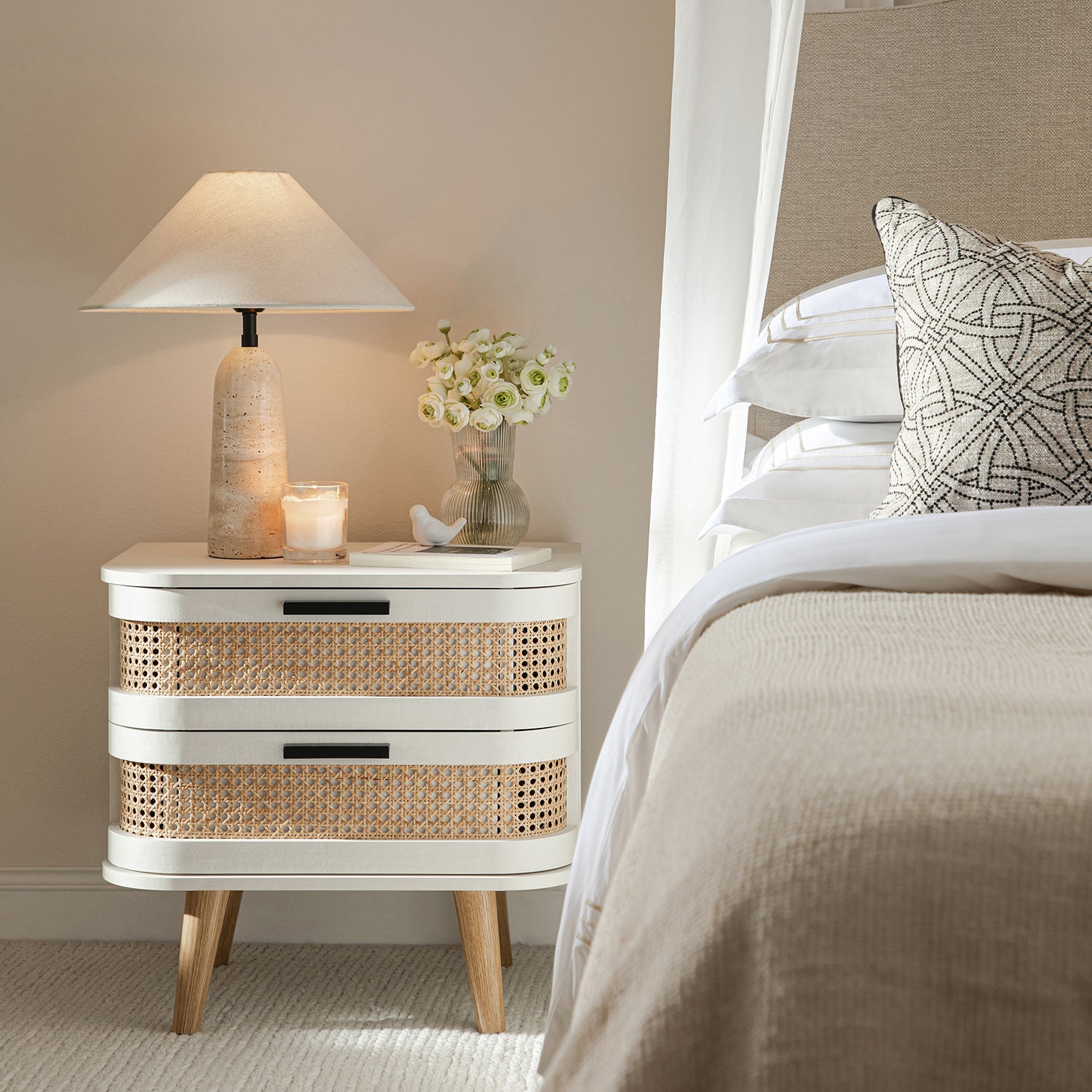 Izzy Curved Rattan 2-Drawer Nightstand, White