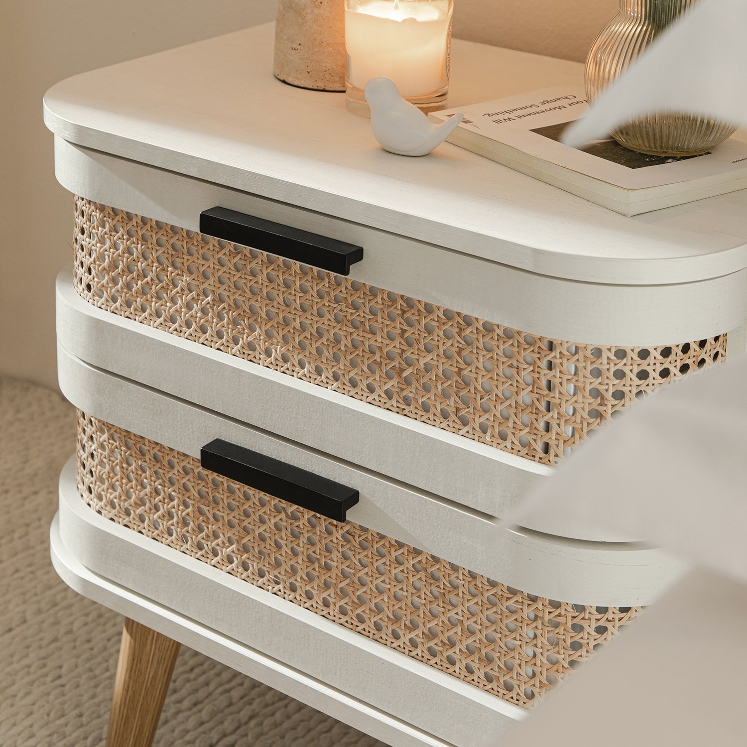 Izzy Curved Rattan 2-Drawer Nightstand, White