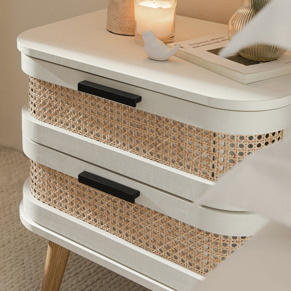 Izzy Curved Rattan 2-Drawer Nightstand, White