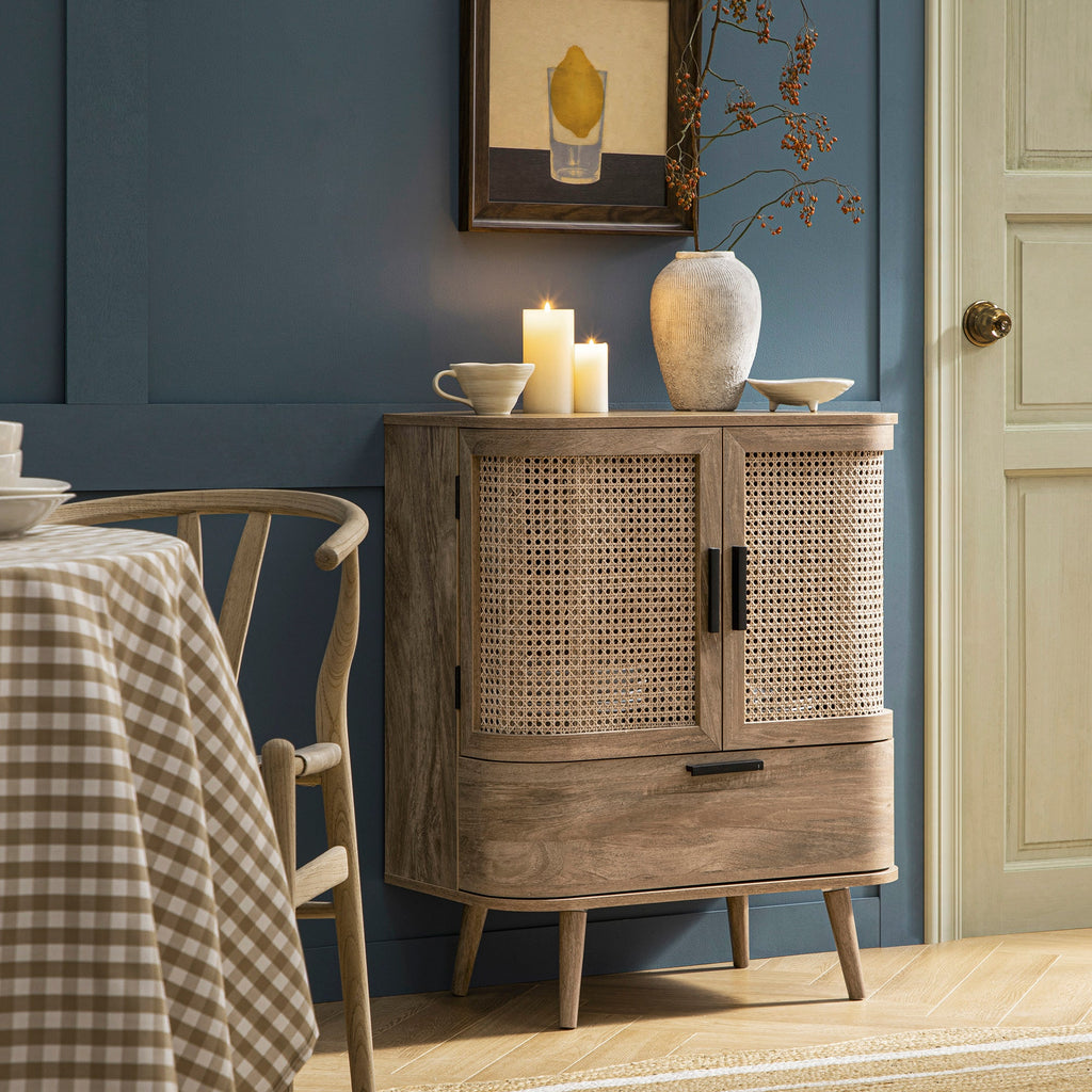 Izzy Curved Rattan 1-Drawer Small Sideboard, Natural | daals.com