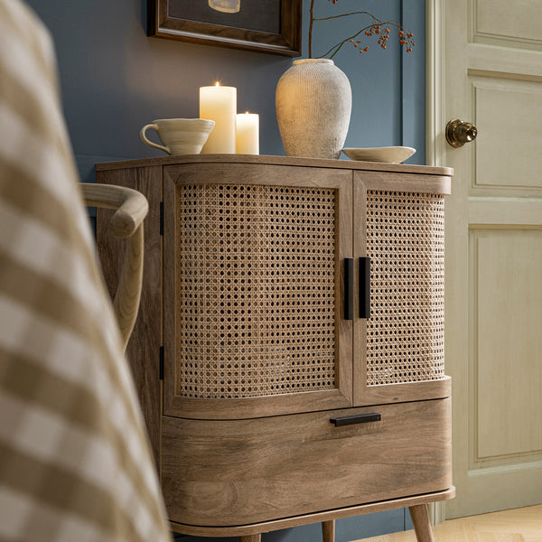 Izzy Curved Rattan 1-Drawer Small Sideboard, Natural