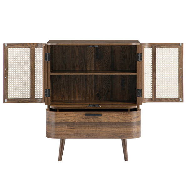 Izzy Curved Rattan 1-Drawer Small Sideboard, Walnut