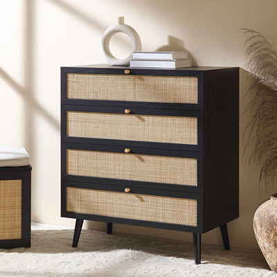 Frances Woven Rattan Tall 4 Drawer Dresser, Black