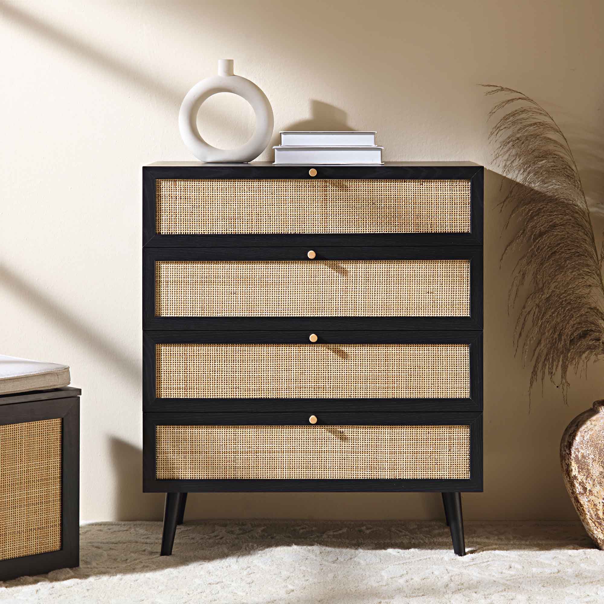 Frances Woven Rattan Tall 4 Drawer Dresser, Black - daals - Chest of Drawers Frances Woven Rattan Tall 4 Drawer Dresser, Black - daals - Chest of Drawers