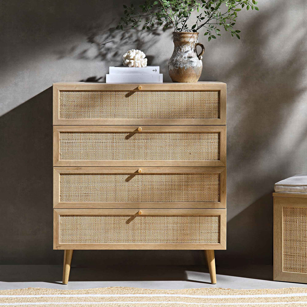 Frances Woven Rattan Tall 4 Drawer Dresser, Natural | daals.com