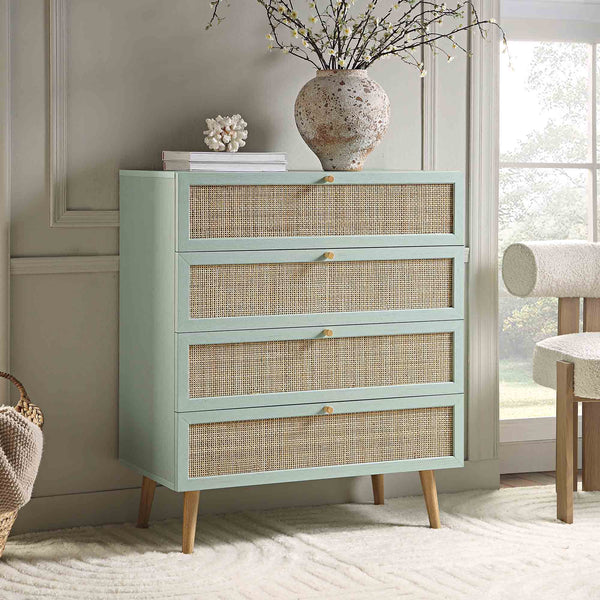 Frances Woven Rattan Tall 4 Drawer Dresser, Mint Frances Woven Rattan Tall 4 Drawer Dresser, Mint