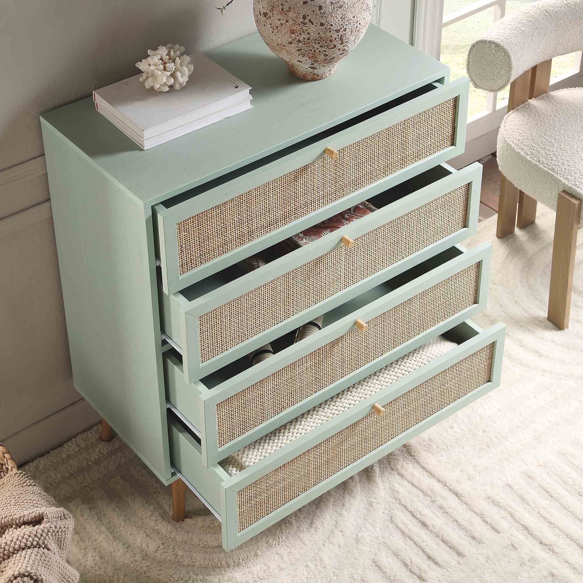 Frances Woven Rattan Tall 4 Drawer Dresser, Mint - daals - Chest of Drawers Frances Woven Rattan Tall 4 Drawer Dresser, Mint - daals - Chest of Drawers