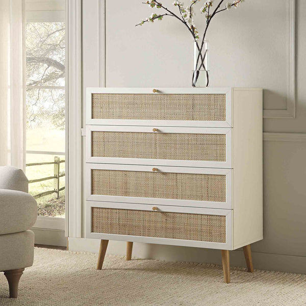 Frances Woven Rattan Tall 4 Drawer Dresser, White | daals.com Frances Woven Rattan Tall 4 Drawer Dresser, White | daals.com