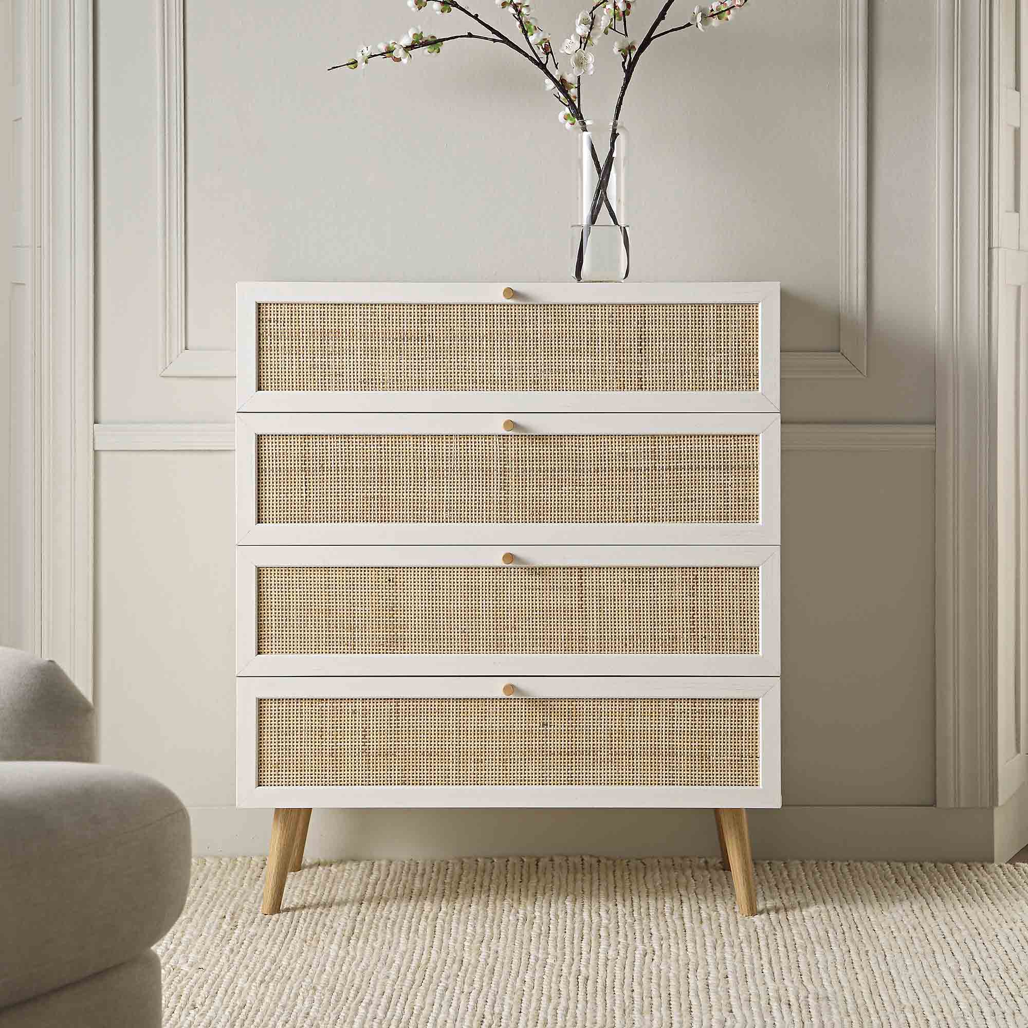 white four drawer dresser Frances Woven Rattan Tall 4 Drawer Dresser, White - daals