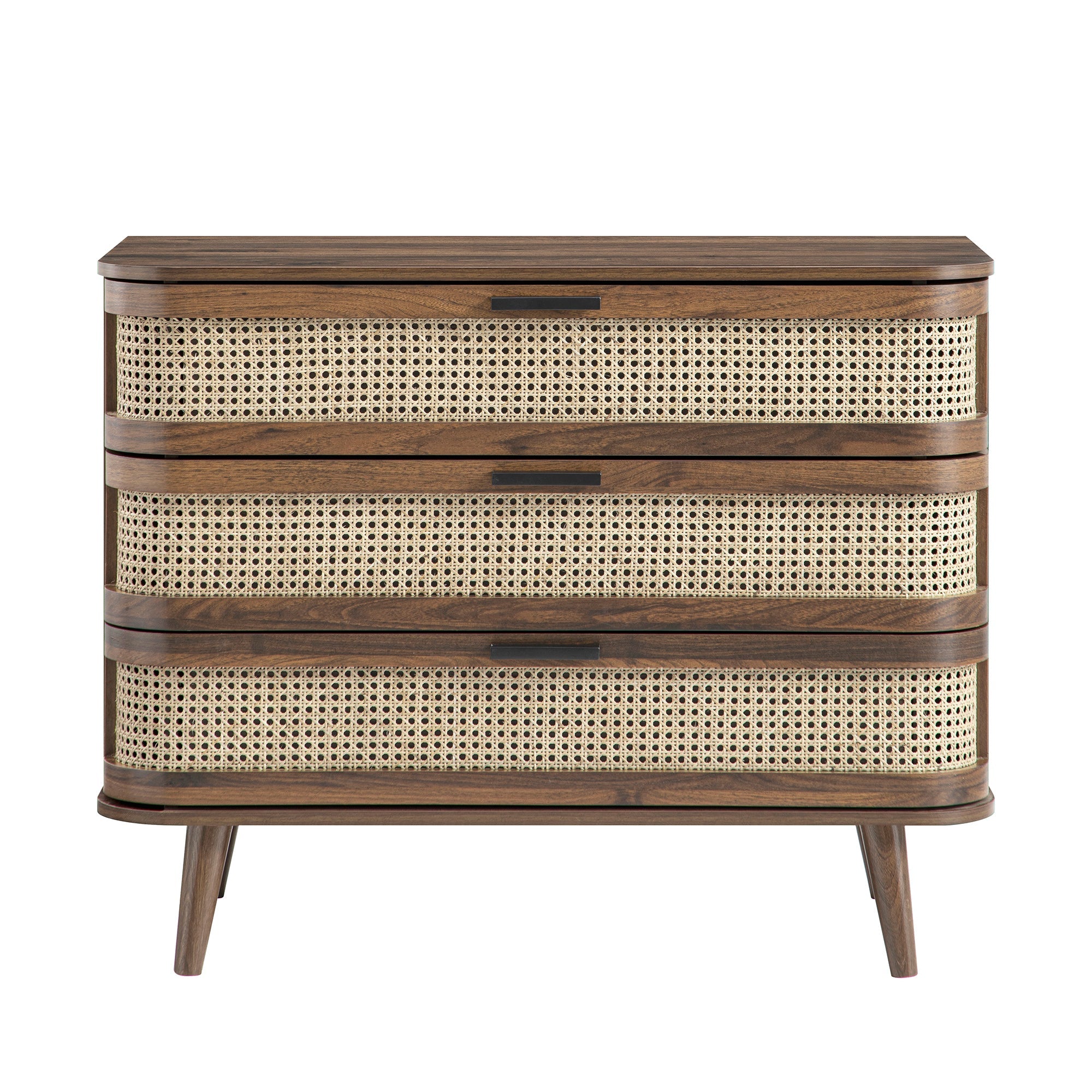 Izzy Curved Rattan 3 Drawer Dresser, Walnut | daals.com Izzy Curved Rattan 3 Drawer Dresser, Walnut | daals.com