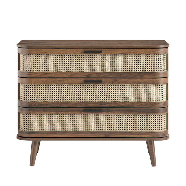Izzy Curved Rattan 3 Drawer Dresser, Walnut