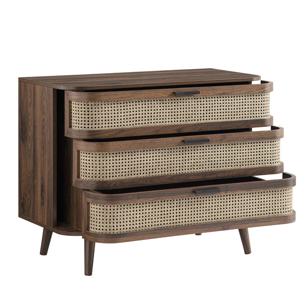 Izzy Curved Rattan 3 Drawer Dresser, Walnut